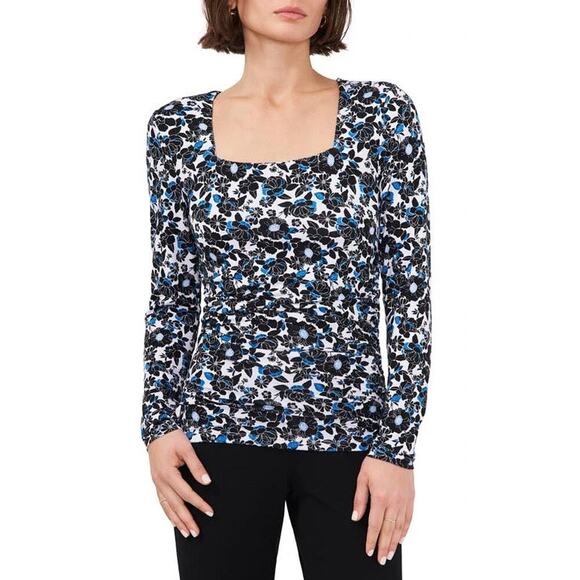 NEW Halogen Floral Ruched Square Neck Top in Midnight Bloom Size Small NWOT - Picture 1 of 9